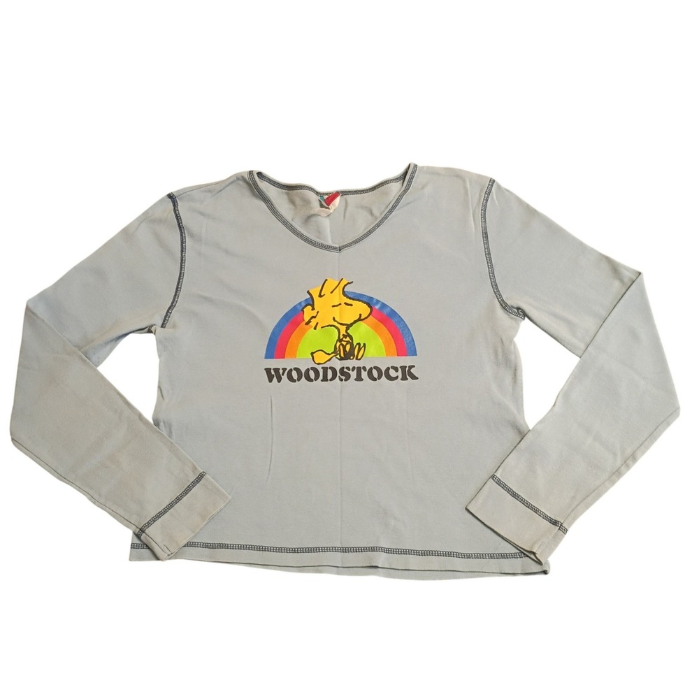 Peanuts Woodstock Graphic Top Womens L Blue Y2K Rainbow Contrast Stitch Retro